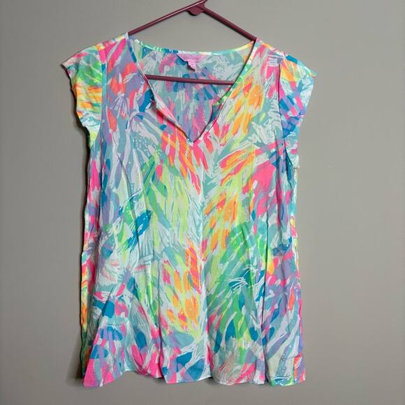 Lilly Pulitzer Shelley Top Cap Sleeve Sparkling Sands Brush Stoke Shirt Size XS - Picture 2 of 7